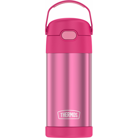 Thermos Stainless Steel Vacuum Insulated Hydration Bottle With Straw 355ml Pink cold for up to 12 hours.