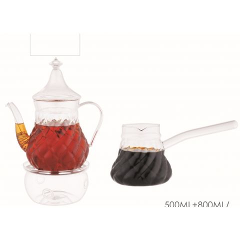 Aramoro 3 Pcs Set Tea Pot 800 Ml+ Warmer + Coffee Warmer 500 Ml 