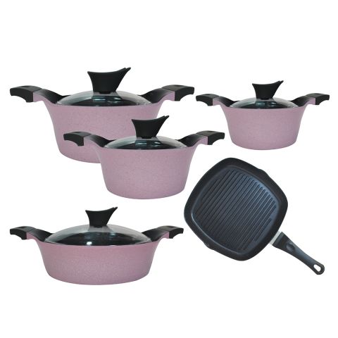 Akdeniz Die Cast Aluminium Cookware Set 9 Pieces -Pink