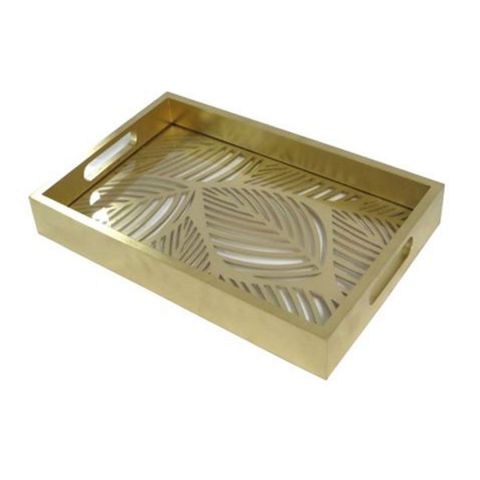 Wooden Serving Tray with Leaf Design - Gold 