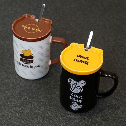 Bear Set Of 2 Mugs With Lids & Spoons 380 ml
