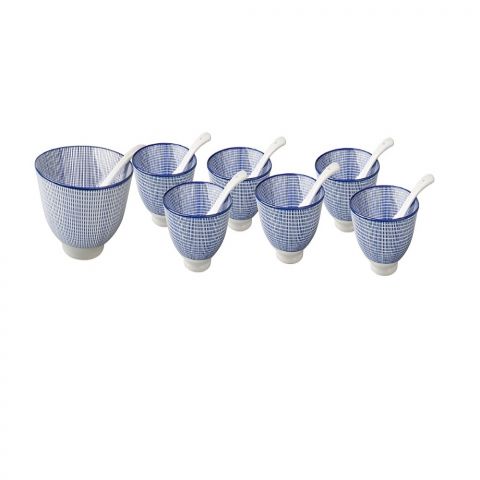 Porcelain Soup Serving Set of 14 PCS (Main Bowl, Individual Bowls & Spoons)-Blue