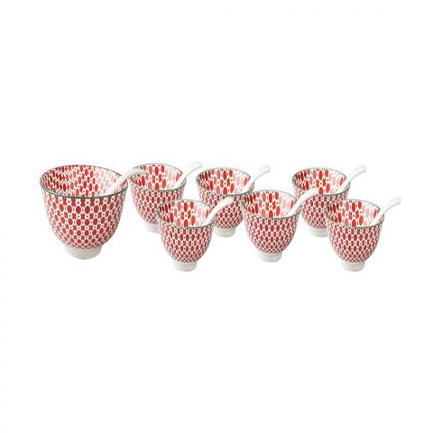 Porcelain Soup Serving Set of 14 PCS (Main Bowl, Individual Bowls & Spoons)-Red