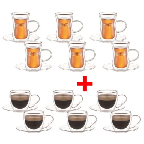 Aramoro Gold Decal 12 Pcs Set 100 Ml Borosilicate Double Wall Glass + Aramoro 12 Pcs Set 90ml Glass Free