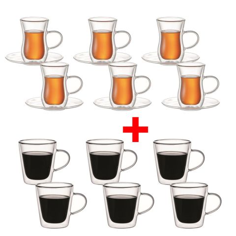 Aramoro 12 Pcs Set 100 Ml Borosilicate Double Wall Glass + Aramoro 6 Pcs Set 180 Ml Glass Cup Free