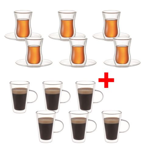 Aramoro 12 Pcs Set 100ml Borosilicate Double Wall Glass + Aramoro 6 Pcs Set 200 Ml Glass Cup Free