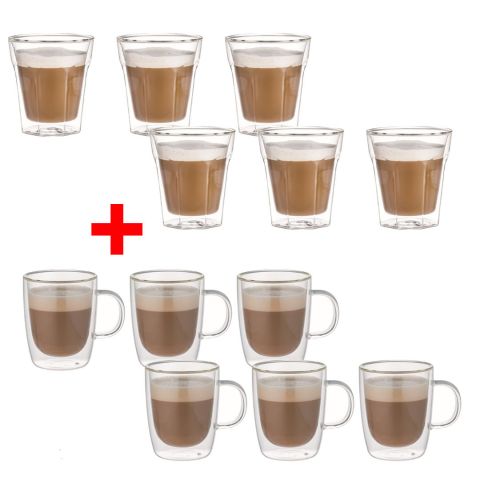 Aramoro 6 Pcs Set 360 Ml Borosilicate Double Wall Glass Mug + Free Aramoro 6 Pcs Set 280ml Tumbler 