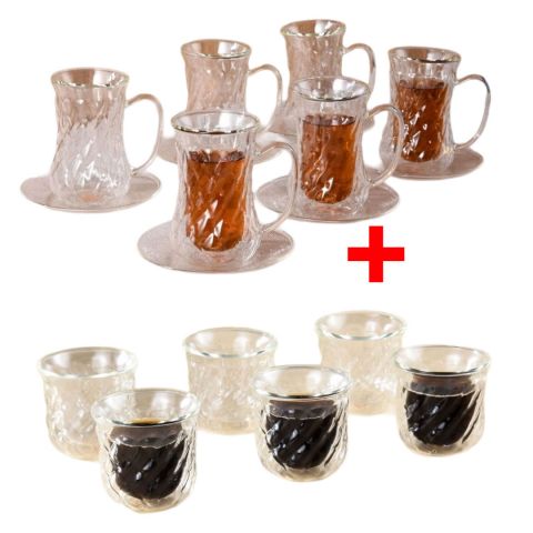 Moobloom Handmade Borosilicate Glass Double Wall Tea Cup 120 ml 12 Pcs + Cawa Cup 80 ml 6 Pcs Free