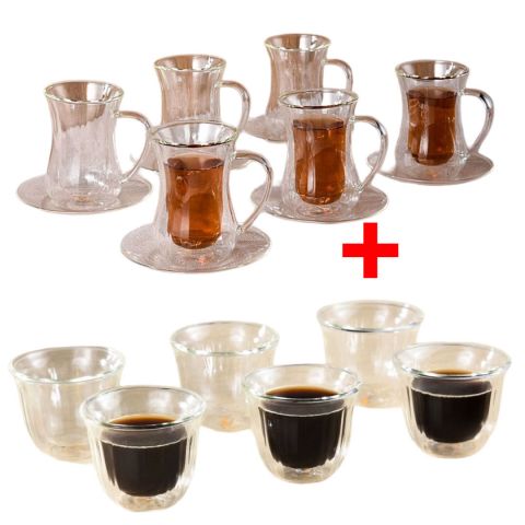 Mooloom Hand Made Borosilicate Glass Double Wall Tea Cup 120 ml 12 Pcs + Cawa Cup 80 ml 6 Pcs Free