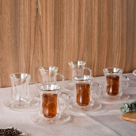 Mooloom Hand Made Borosilicate Glass Double Wall Tea Cup 120 ml 12 Pcs ( 6 Cups + 6 Saucers)