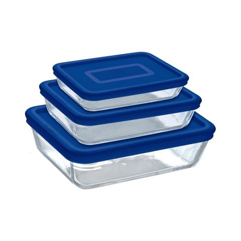Pyrex Cook & Freeze Glass Container Set with Lid 0.8 L + 1.5 L + 2.6 L-Blue