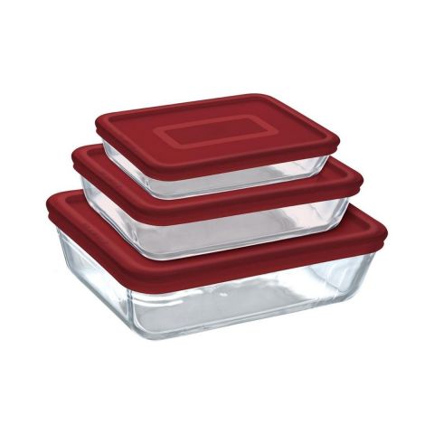 Pyrex Cook & Freeze Glass Container Set with Lid 0.8 L + 1.5 L + 2.6 L-Red