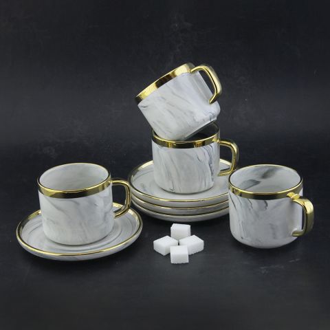 Set of 4Pcs Marble Tea Mug 220ml with Saucer - Grey Gold