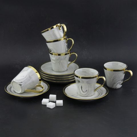 Set of 6Pcs Marble Cups 180ml with Saucer-Grey Gold