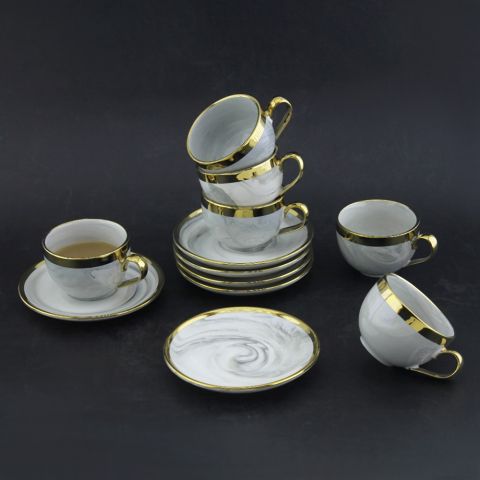 Set of 6 Marble Cups with saucer 100 ml - Grey Golden