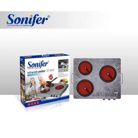 طباخ الأشعة تحت الحمراء Sonifer بثلاث شعلات مع مقبض للتحكم وسطح زجاجي مقسّى - 3500 وات