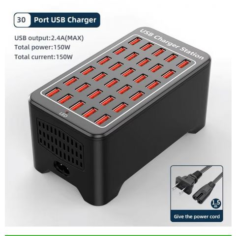 محطة شحن 30 منفذ USB مع شحن سريع ومنافذ ذكية ومواد مقاومة للحريق - 200 واط