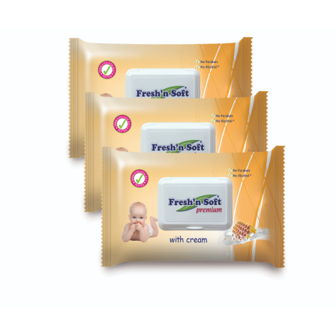 Fresh'n Soft Premium Wet Wipes with Cream 60 Pieces (2 + 1 Free)