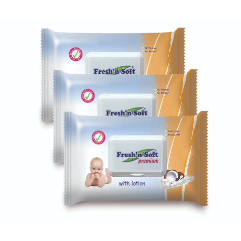 Fresh'n Soft Premium Wet Wipes with Coconut Milk Lotion 60 Pieces (2 + 1 Free)