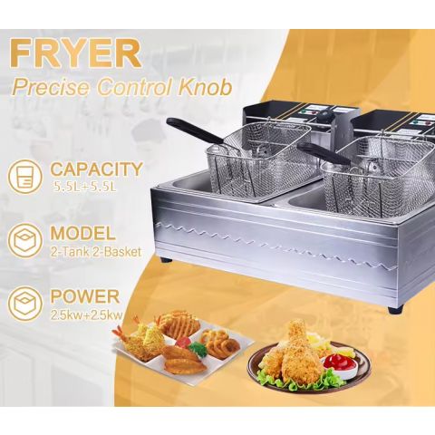 RAF 5000W Rapid Heating Dual-Basket Deep Fryer - 5.5 L+5.5 L 