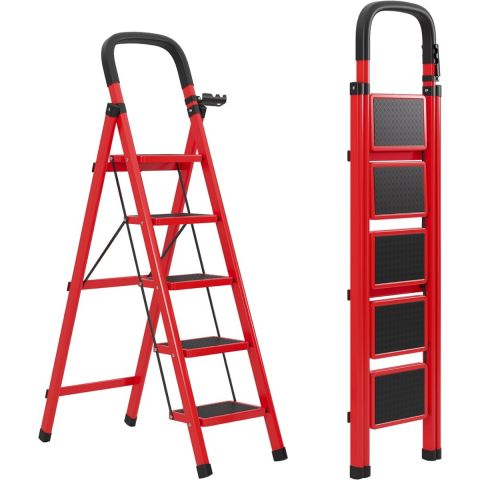 Multipurpose Lightweight Folding Metal Ladder with Wide Anti-Slip Pedal 5 Steps 