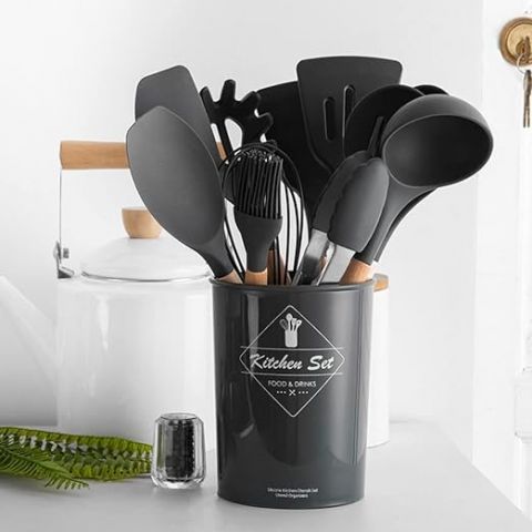12 PCS Silicone Kitchen Utensil Set with Wooden Handles-Grey