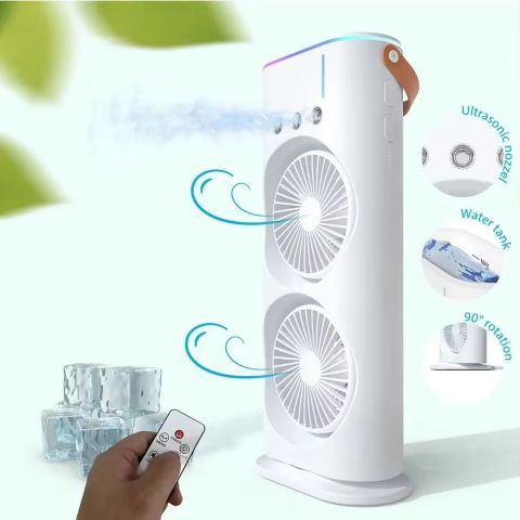 مروحة رذاذ محمولة قابلة لإعادة الشحن مع جهاز تحكم عن بعد وإضاءة LED