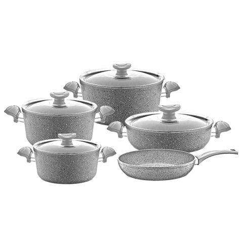 O.M.S. Granite 9 Pcs Cooking Set With Glass Lid 28+24+20 Cm + Shallow Pot 28 Cm + Frypan 28 Cm 