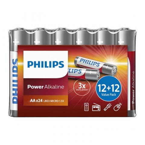 Philips Power Alkaline Battery AA Promo Pack (12+12), 1.5 V Foil