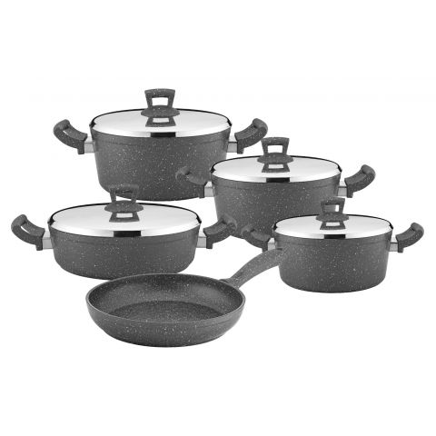Hascevher Granite Cookware Set with Steel Cover 9 PCs-Grey