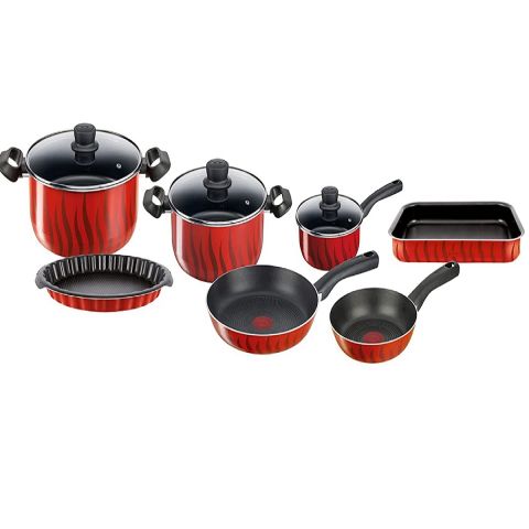 TEFAL Tempo Flamme 10 PCS Set (1 Saucepan & 2 Pots / Stewpots with Glass Lids + 2 Frypans + Tart mould + Oven Dish)