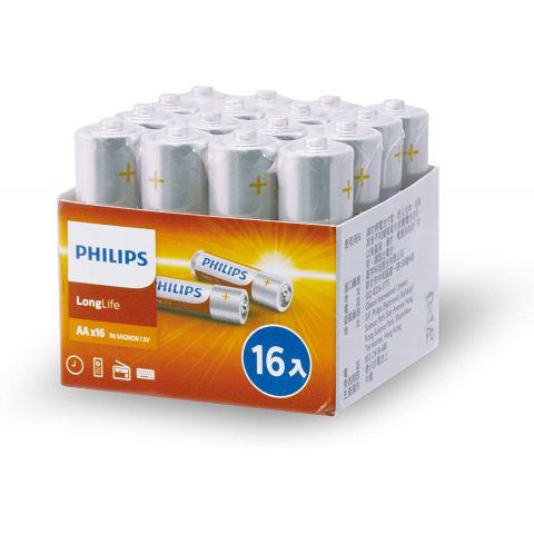 Philips Power Long-life Zinc AA Battery, 1.5 V, AA - 16 PCS