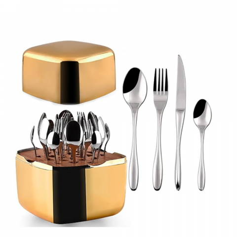Elegant Royal Cubic 24-Piece Stainless Steel Cutlery Set-Gold
