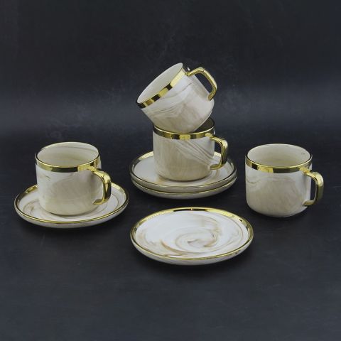 Set of 4Pcs Marble Tea Mug 220ml with Saucer - Yellow Gold 